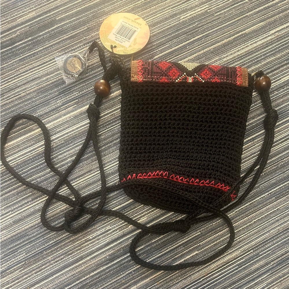 🆕 The Sak Sayulita Mini Flap Crossbody Bag Crochet Black Tribal Boho Artisan - Picture 4 of 6